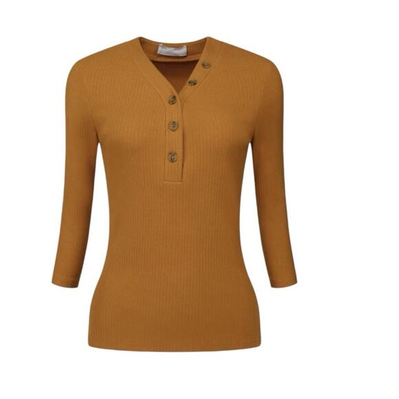 NWT Hobemty Golden Brown Button V-Neck 3/4 Sleeve Knit Top - Large - Picture 1 of 9